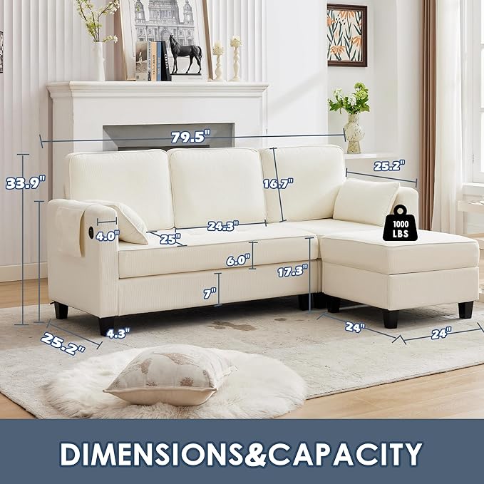 Convertible Sectional Sofa Couches for Living Room with Movable Ottoman 3 Seat 80 L Shaped Sofa with USB Ports&amp2 Pockets Corduroy Fabric Sofa Recliner for Apartment Small Place (White)