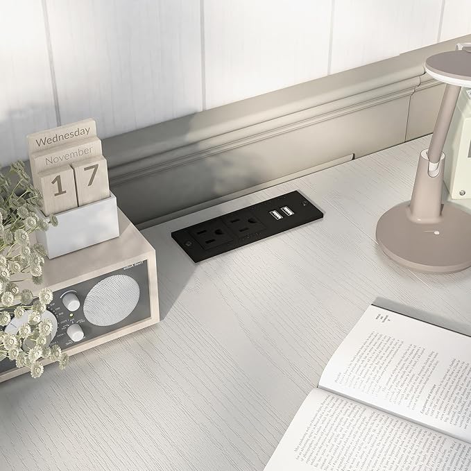 24/7 Shop at Home Monier Farmhouse Metal 2 Shelves Corner Computer Desk with USB Port Power Outlet 1 Drawer for Workstation Home Office Study Room Antique White