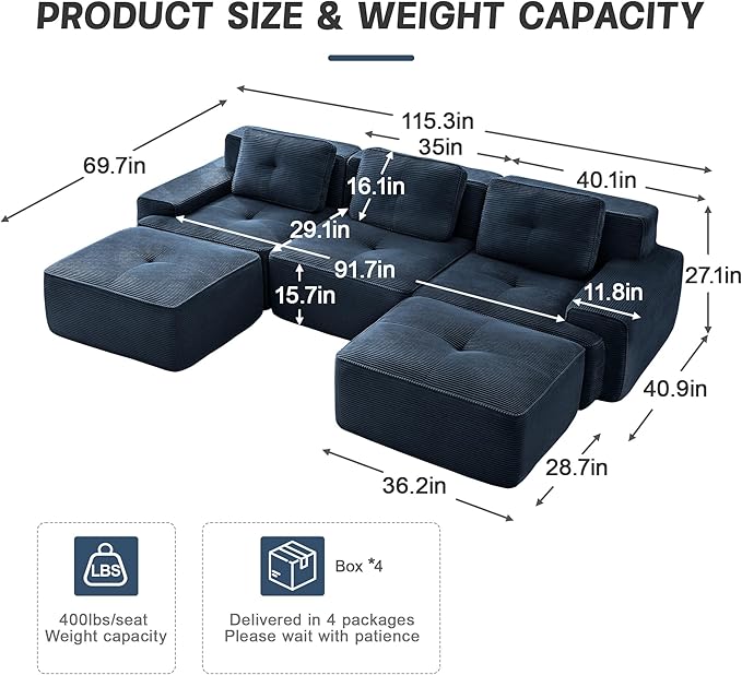 115 Modern Blue Corduroy Boneless Sofa Set 3 Seater Modular Sectional Couches for Living Room Compressed Memory Foam Cloud Couch with 2 Ottoman Deep Seat No Assembly Sofas para Sala U Shaped