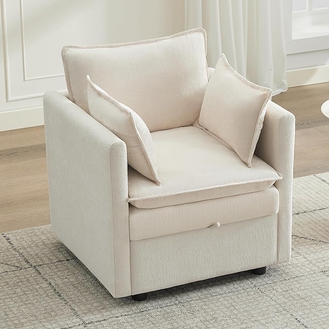 30 Cloud Modular Single Sofa Chair with Storage Modern Upholstered Accent Chair Deep Seat Chenille Reading Lounge Armchair for Living Room Bedroom Small Space Beige