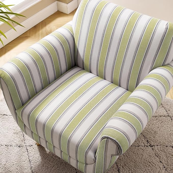 VANOMi Mid-Century Accent Chair with Stripe Pattern Modern Linen Fabric Armchair with Wood Legs Club Chair for Living Room Comfy Upholstered Side Chairs for Bedroom Reading Small Place (Green)