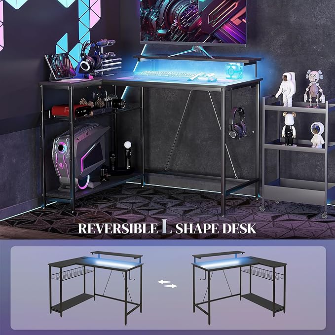 42 L Shaped Desk with LED Lights Power Outlet USB Charging Ports Reversible L Shaped Computer Desk with Storage Shelves Monitor Stand Corner Gaming Desk for Home Office Black