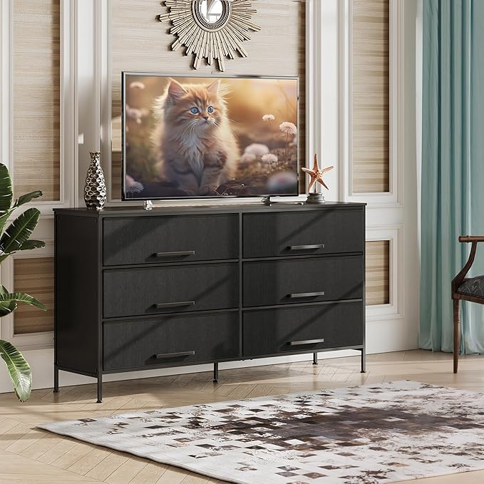 WLIVE Black TV Stand for 60 65 70 inch TV Large Entertainment Center with 6 Fabric Drawer TV Media Console Table with Wood Top Adjustable Feet for Living Room Hallway