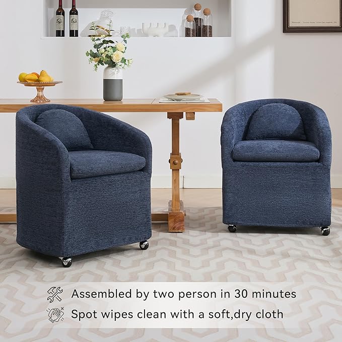 KEIKI Set of 1 Chenille Fabric Dining Armchair with Back Cushion and Universal Wheels Ergonomic Backrest 250 lbs Capacity Easy Assembly for Dining Room and Indoor Spaces