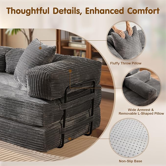 81″ Convertible Sleeper Sofa Bed with Pillows Corduroy Foldable Mattress Couch with Fixed-Shape Frame Futon Sofa Bed Boneless Couch for Living Room Bedroom Lounge Studio Gray