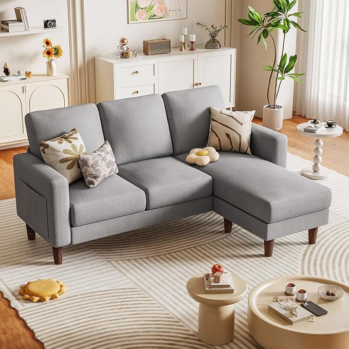 Homall Convertible Sectional Sofa 3 Seat L Shaped Couch with Side Storage Pocket Sofas with Movable Ottoman Small Linen Couches for Living Room &amp Apartment (Linen Fabric Light Grey)