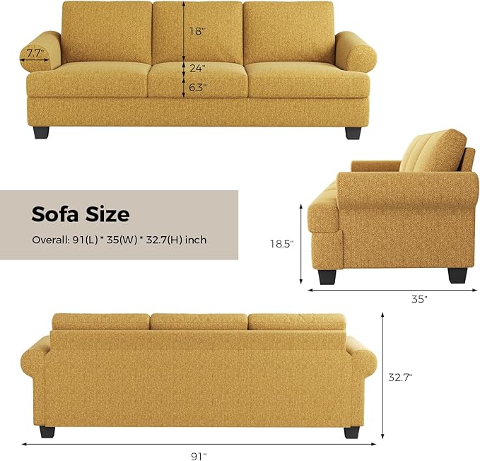 91 Inch Lawson Sofa with Extra Deep Seats Oversize Mid-Century 3-Seat Sofa Couch for Living Room Apartment Lounge Yellow