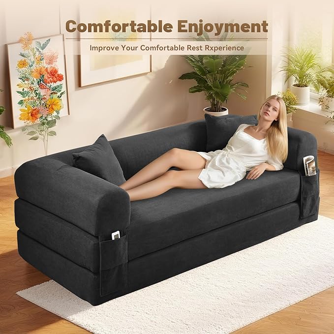 Convertible Futon Sofa Bed80 Folding Pull Out Couch Bed with Pillows &amp StorageQueen Sleeper Sofa BedCompressed Couch in a BoxCorduroy Boneless Couches for Living RoomDeep Gray
