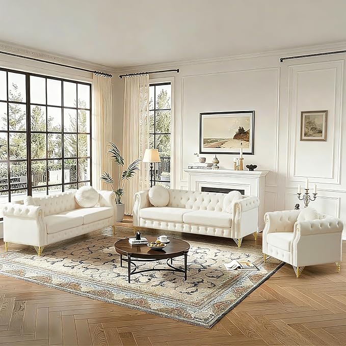 Chesterfield Velvet Button Tufted Sofa 2-Pieces 82&ampChair Modern 7-Deep Seater Couch Retro Style Upholstered Comfy Sectional Sofa for Living Room Bedroom Apartment Office Beige