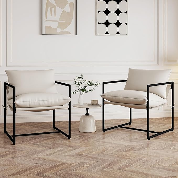Modern Accent Chair with Arms Comfortable Living Room Seating Square Metal Frame Soft Upholstered Cushion Sponge Filling Easy to Assemble Set of 2 Beige
