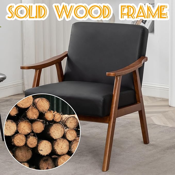 Mid Century Modern Accent Chair Upholstered Armchair Comfy with Wood Legs Siting Chair with Soft Cushion PU Leather Side Chairs for Living Room Bedroom Office (PU Leather Black)