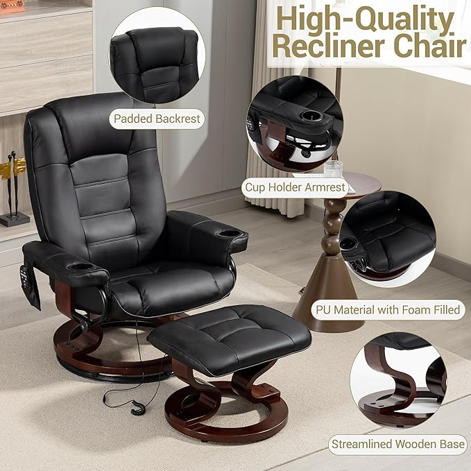 8-Point Massage Recliner with Ottoman Heated PU Leather Reclining Chair w/Solid Wood Base Indoor Lounge TV Chair with Footrest for Living Room and Bedroom Black