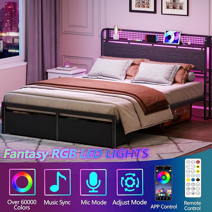 Furnulem Queen Bed Frame with Headboard Storage Platform Bed Frame Queen Size with Charging Station 2 Drawers &amp LED No Box Spring Needed Noise Free Easy Assembly Rustic Grey (1000 lbs Capaci