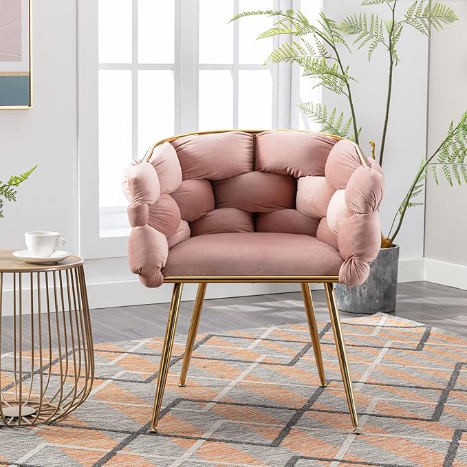 Polibi Modern Velvet Accent ChairDining Chair Single Sofa Chair Leisure Lounge Chairs with Golden Metal Frame LegsLiving Room Furniture1PCS Pink