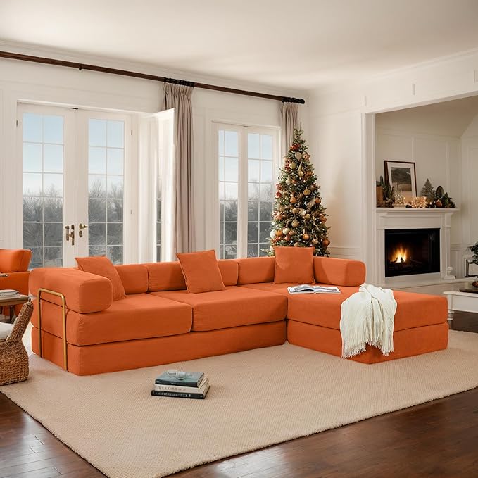 108 W Corduroy Modular Cloud Couch with Fixed-Shape Frame Oversized L-Shaped Sectional Sleeper Sofa Bed with Pull Out Bed No Assembly Modern Floor Boneless Couch for Living Room (Orange)
