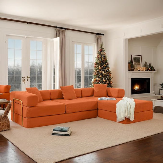 108 W Corduroy Modular Cloud Couch with Fixed-Shape Frame Oversized L-Shaped Sectional Sleeper Sofa Bed with Pull Out Bed No Assembly Modern Floor Boneless Couch for Living Room (Orange)