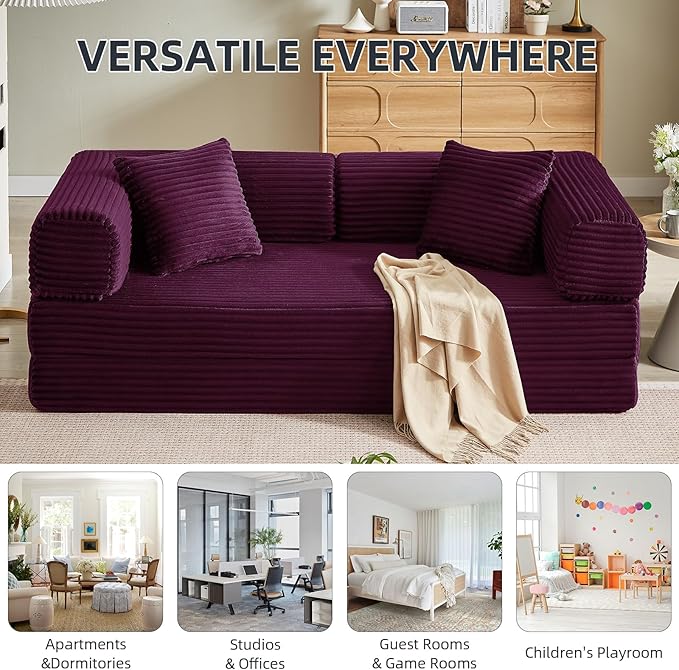 Convertible Folding Sofa BedFold Out Floor Sofa Couch with Fixed-Shape FrameCorduroy Foldable Mattress Cloud Couch for Living Room Bedroom (Purple-1 81 Inch)