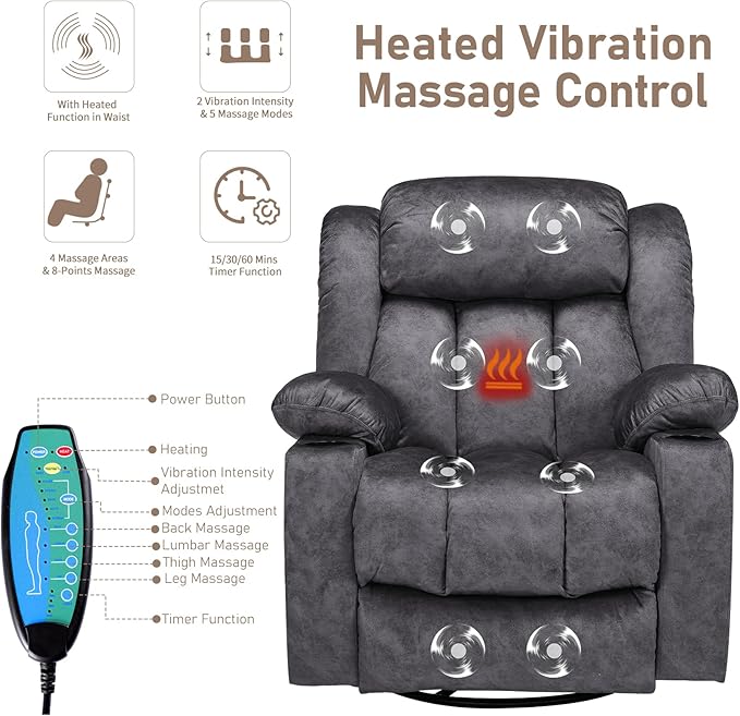 Swivel Rocker Recliner Chair with Heat and Massage Manual Glider Rocking Reclining Chair 360° Swivel Overstuffed Lounge Chair with 2 Cup Holders Side Pockets &amp USB Ports Fabric Grey