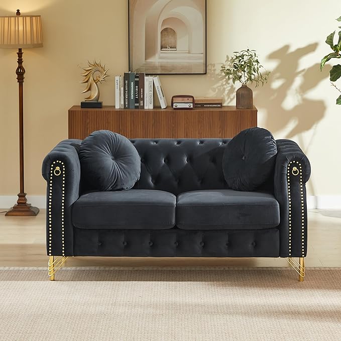ERYE 60.5-Inch Button Tufted Sofa Couch with 2 Round Pillows 2 Seat Velvet Tufted Sofa Compact Chesterfield Loveseat Couches W/Nailhead DecorRing Accent &amp Golden Legs