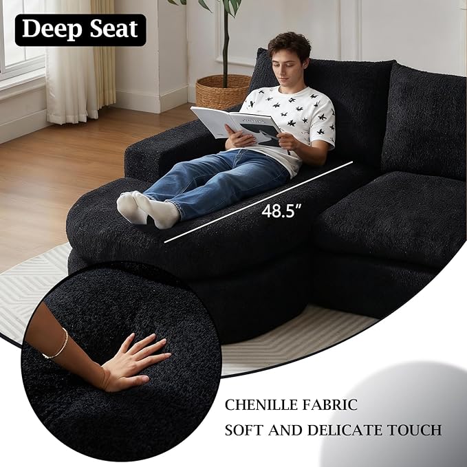 99 Modular Sectional Sofa Cloud Sectional Couch with Neck Pillow &amp Deep Seat Chenille Boneless Couches with L-Shape Chaise for Living RoomNo Assembly Required Black