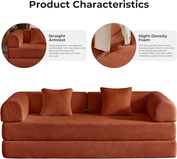 79'' Convertible Sofa Bed 5-in-1 Folding Corduroy Sleeper Couch with Pull Out Bed Oversized Modular Floor Sofa No Assembly Space-Saving Guest Bed for Apartment Living Room Bedroom (Orange) | Conve