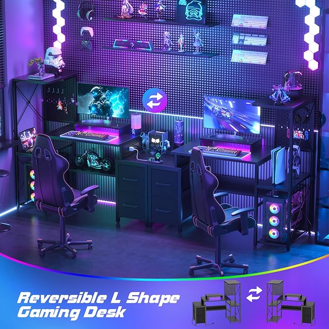 Small Gaming Desk with 2 Fabric Drawers - Reversible Computer Desk with Power Outlet &amp LED Lights 49 Office Desk with Monitor Stand &amp Storage Shelves Writing Study Table with Pegboard Blac