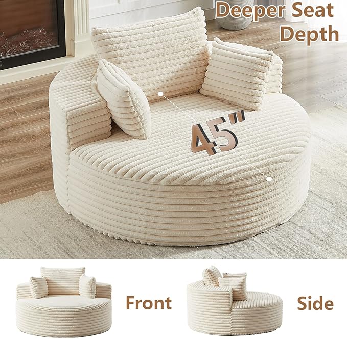 Oversized Round Chaise Lounge Chair Indoor 55'' Corduroy Deep Seat Circle Single Floor Sofa Chairs Modern Upholstered Sponge Armchair Cloud Sleeper Chair for Living Room Bedroom Apartment Beige