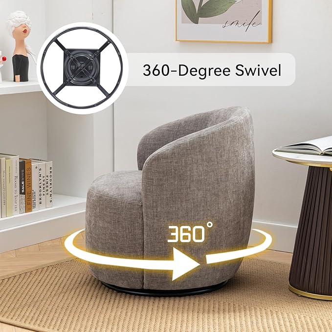 360 Degree Swivel Accent Chair Modern Barrel Vanity Chair with Back Comfy Single Circle Couch for Living Room Bedroom Reading Nook (Chenille Gray)