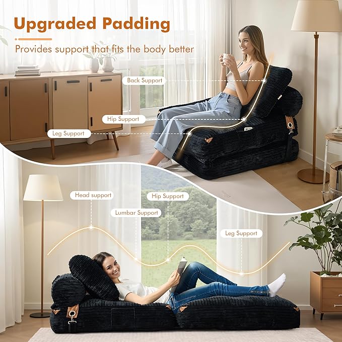 Folding Sofa BedComfy Sleeper Chair Foldable Mattress with Pillow &amp Back SupportPortable Fold Out Chair Bed Floor Convertible Lounge Sofa Couch for Living Room Bedroom (Black)