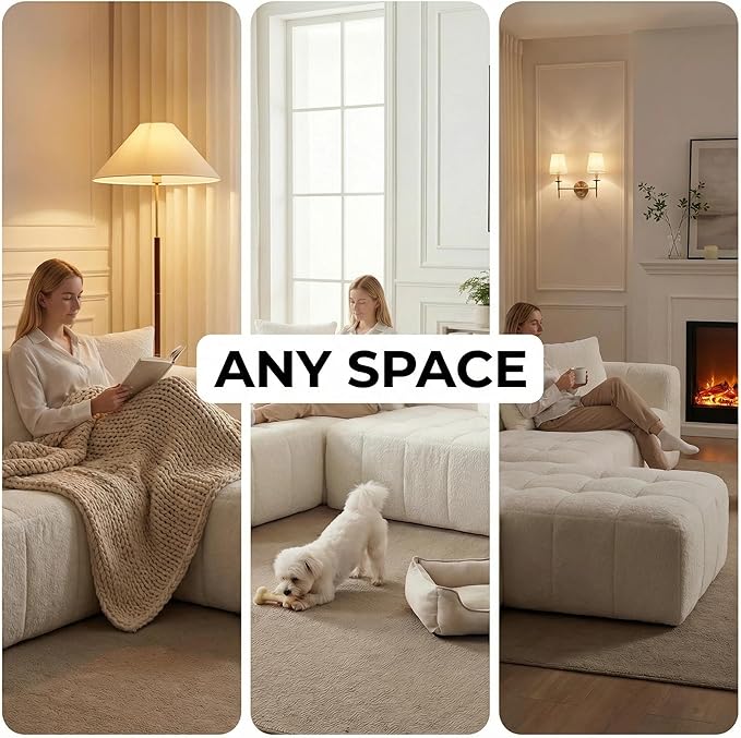107.9“Cloud Sectional Boneless Couch Modular Sofa with Deep Seat 5 Pillows L-Shaped Free Combination Soft Boucle Fabric 1400 lbs Capacity Living Room Apartment. (Cream Right Hand Facing) | No Assembl