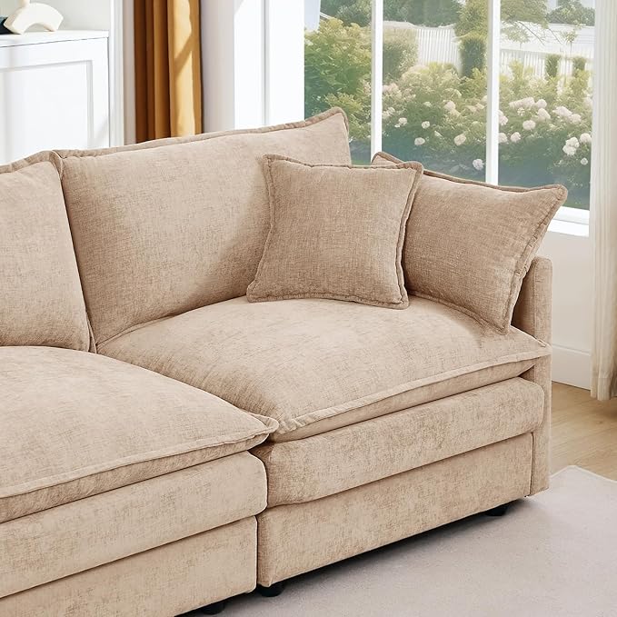 130 Modular Sectional Sofa with Movable Ottoman Convertible L Shaped Chenille Cloud Couch Oversize Comfy 4-Seater Deep Seat Sofa Couches for Living Room Apartment (Coffee 130)