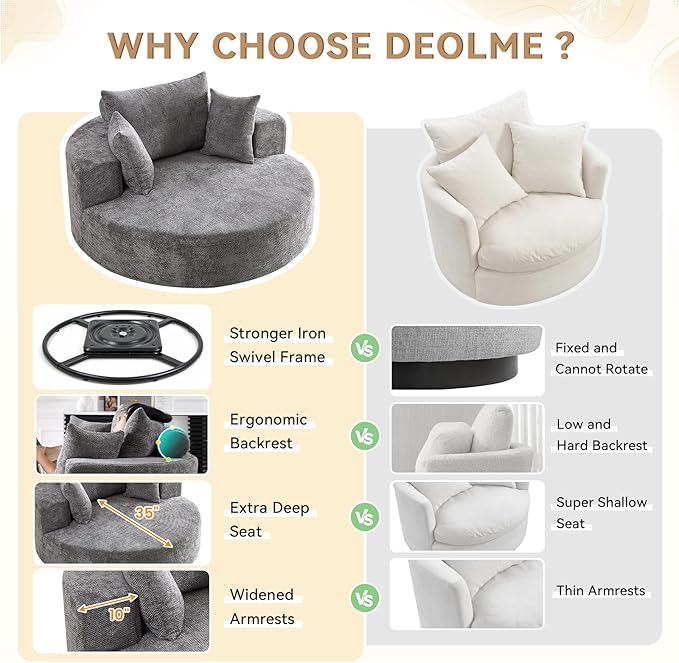 360° Oversized Swivel Chair Modern Circle Round Lounge Chair with Deep Seat Comfy Back Cushion &amp 2 Throw Pillows for Living Room Bedroom Office Light Grey Chenille
