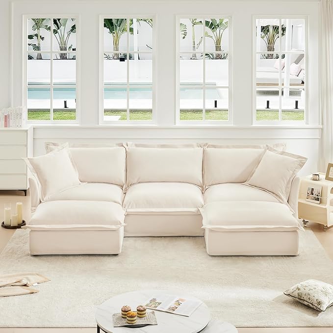 Aoowow Oversized Modular Sectional Sofa120” U-shaped Comfy 3-Seat Sofa Couch with 2 Movable Ottoman Upholstered Deep Seat Couches with Big Toss Pillows for Living Room Apartment OfficeCream-Chenille