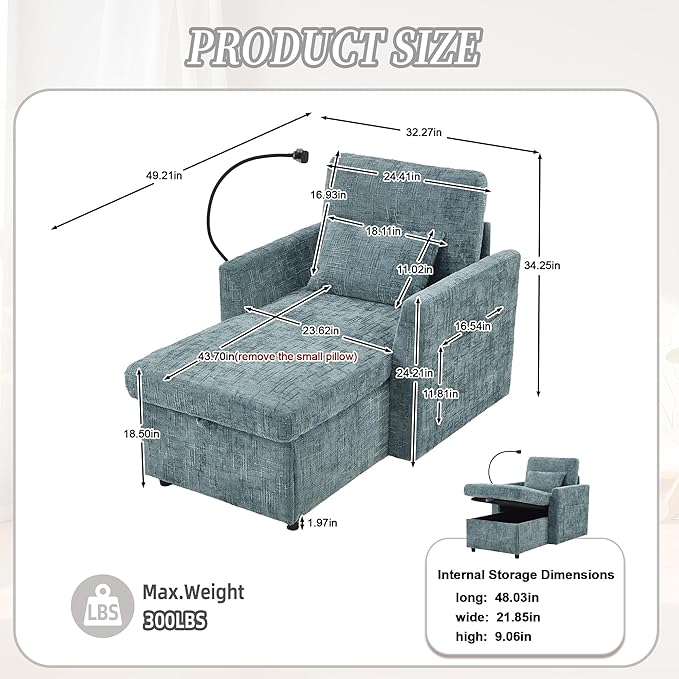32 Comfy Chaise Lounge Sofa Bed Chair with Storage Side Pockets Phone Holder &amp 2 Pillows Modern Chenille Upholstered Sleeper Sofa Leisure Chair for Living Room Bedroom Small Spaces (Lake Blue)