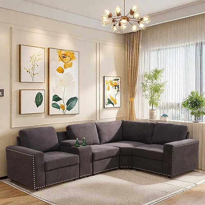 L Shaped Couch Sectional Couches for Living Room Comfy Modular Sectional Sofa for Adults Modern Living Room Furniture Sets Loveseat with Cup Holder for Bedroom &amp Office Brown