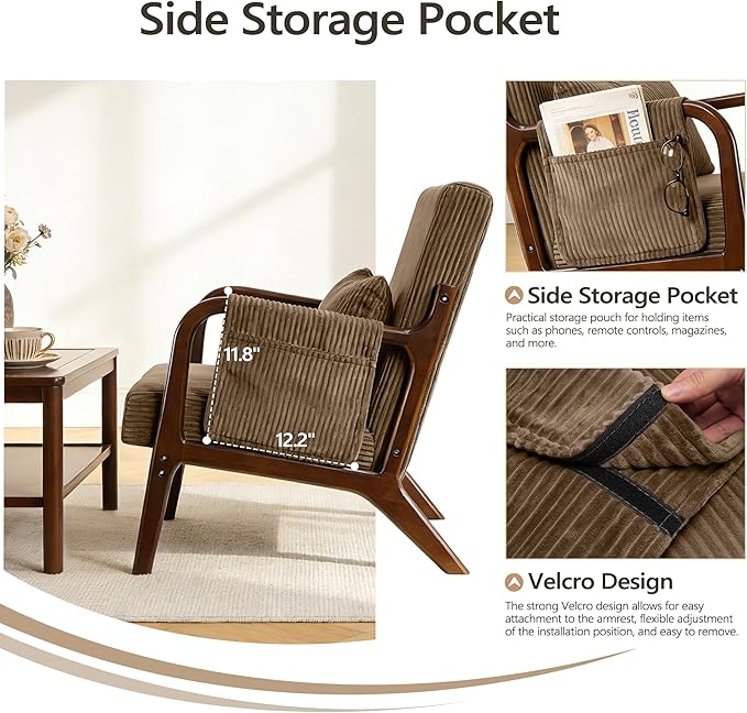 Mid-Century Modern Accent Chairs Upholstered Fabric Lounge Arm Chair with Storage Pocket Lumbar Cushion &amp Solid Wood Frame for Living Room Bedroom Balcony (Camel)