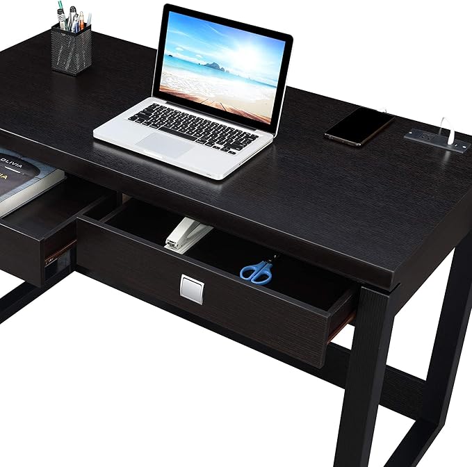 Pemberly Row Two-Drawer Desk with Charging Station Black Wood Finish 47.25 in x 23.25 in x 30.75 in Includes USB Ports and Outlet Concealed Storage Home Office Desk for Workspace Organization