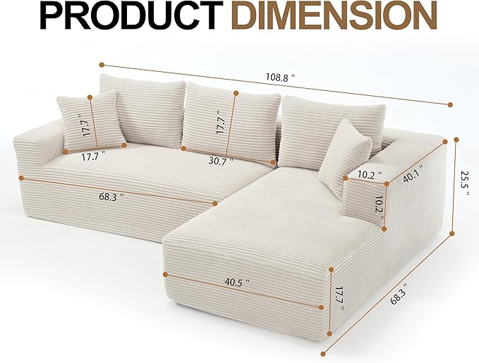 Sectional Sofa Couch Boneless Couches for Living Room Cloud Sofa with Oversized Chaise Corduroy Fabric L-Shaped Couch with Pillows No Assembly Required Right Facing Chaise Beige