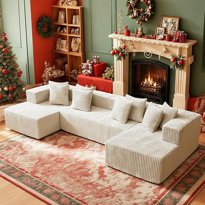 130'' U Shaped Couched for Living Room Cloud Modular Sectional Couch with 2 Chaise Lounge Modern Minimalist Upholstered Sofa Sleeper Deep Seat Corner Couch No Assembly Required Beige