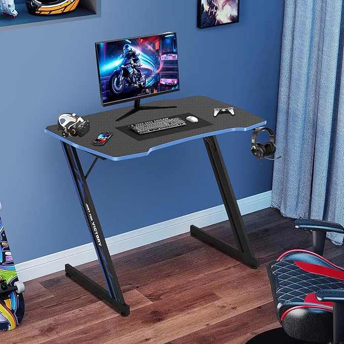Gaming Desk 39 Inch Z-Shaped Computer Desk Modern Ergonomic PC Computer Table Home Office Desk Racing Style Gaming Workstation with Headphone Hook Blue