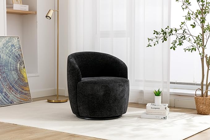 Stylish Chenille Swivel Accent Chair Black 360 Degree Rotation Barrel Chair for Living Room