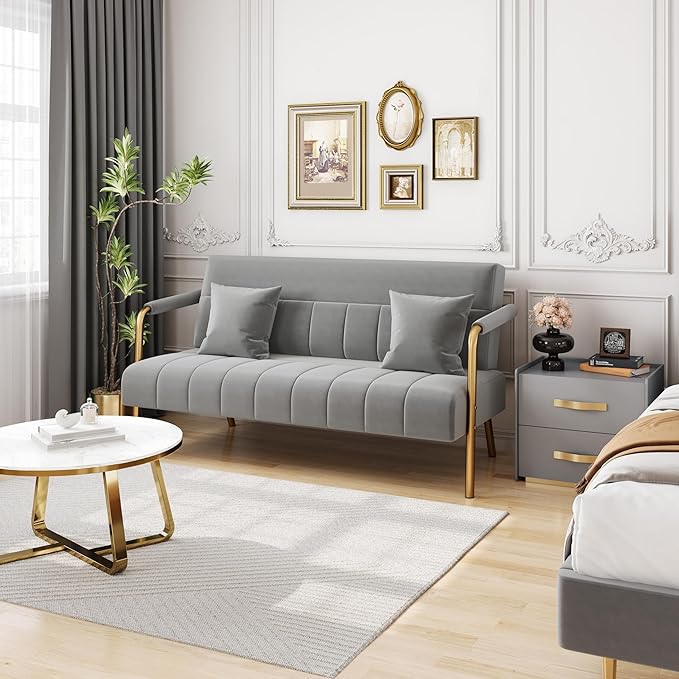 Yaheetech 56.5 W Modern Sofa Small Sofa Luxurious Velvet Fabric Couch with Gold-Tone Metal Arms and Legs for Living Room Home Office Studio Light Gray