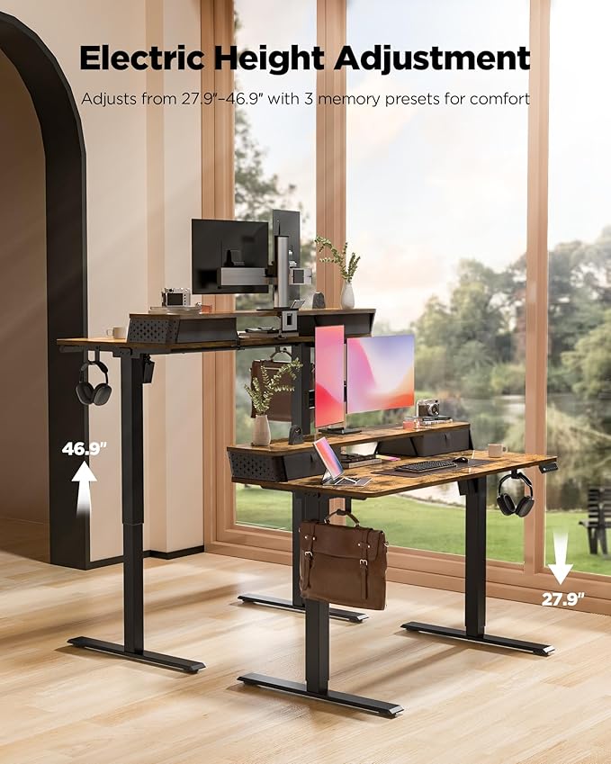 FiCiHi 55x24 Inch Standing Desk with Drawers C-Clamp Mount Compatible Electric Adjustable Height Computer Stand Up Desks Home Office Sit Stand Table with 3 Preset Heights Rustic Brown
