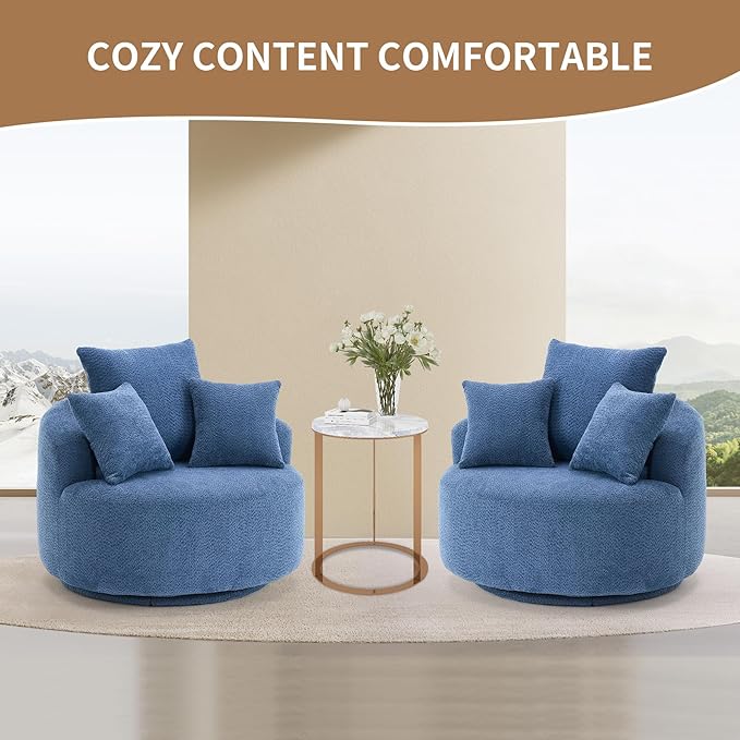 40” Blue Round Swivel Chair with 3 Pillows &amp Thick Cushion Oversized 360° Swivel Accent Chair Modern Boucle Armchair for Nursery Living Room Bedroom Club