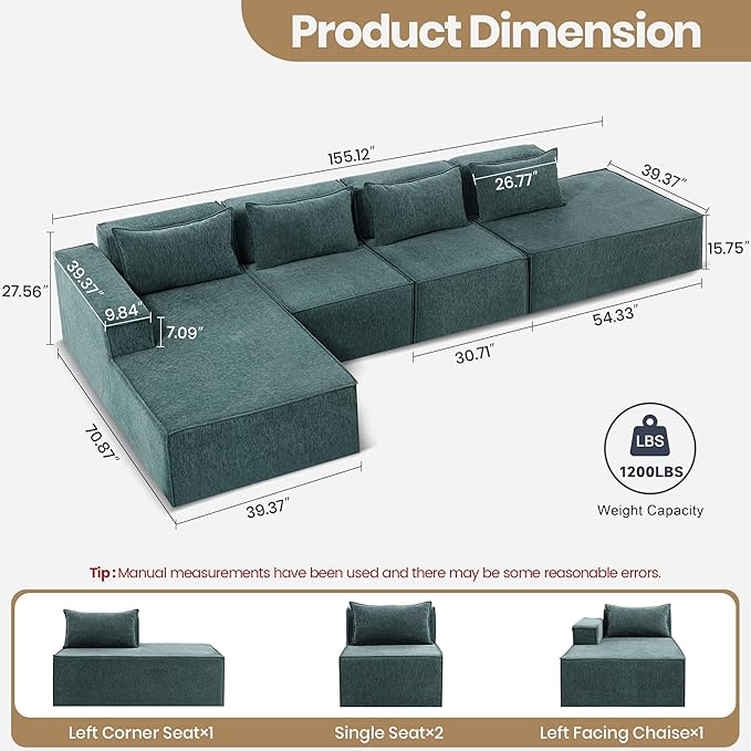 155 Modular Sectional Sofa L-Shaped Cloud Couch with Extra Long Chaise Lounge Oversized Chenille Boneless Sofa Set for Living Room Comfy Floor Seating No Assembly Required
