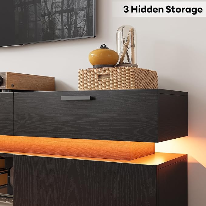 LIKIMIO Black TV Stand for TVs 85 inch Entertainment Center with Power Outlets &amp LED Lights TV Media Console Table with Cabinets Drawers and Open Storage Shelves Modern TV Stand for Living Roo
