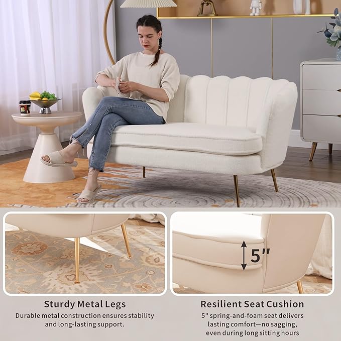 59'' Loveseat Sofa Modern Chenille 2-Seater Sofa with Golden Legs Comfy Upholstered Shell Accent Couch for Studio Living Room Store Office (Beige).