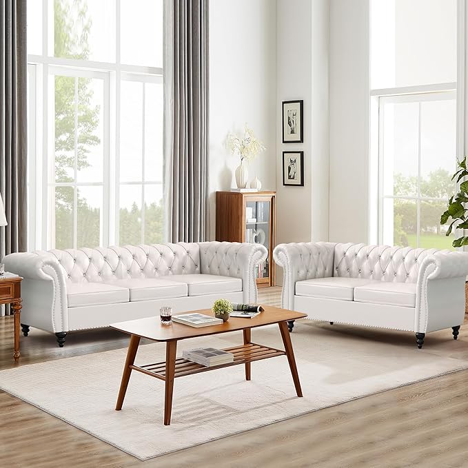 3-Seater Sofas for Living Room Chesterfield Leather Sofa Large Couch with Rolled Arms Deep Button Tufting Nailhead Trim for Living Room Bedroom Office Apartment (PU White)