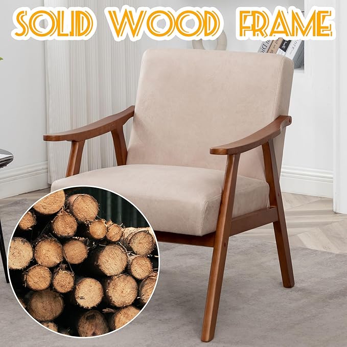 Mid Century Modern Accent Chair Upholstered Armchair Comfy with Wood Legs Siting Chair with Soft Cushion PU Leather Side Chairs for Living Room Bedroom Office (Microfiber Light Camel)