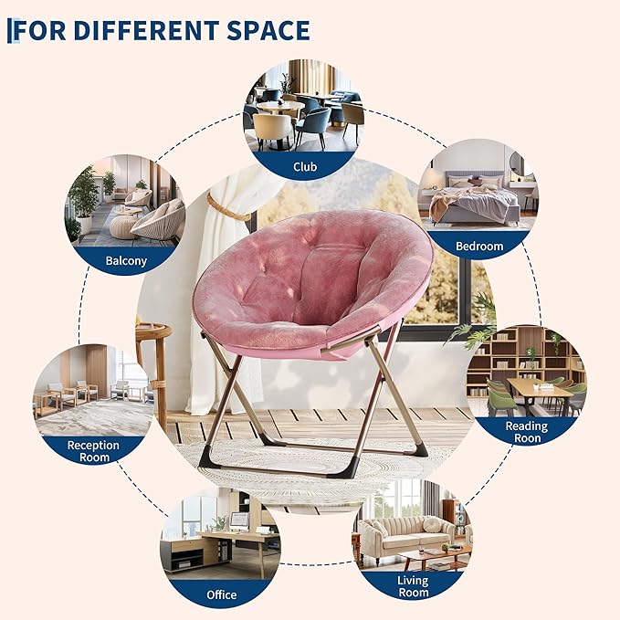 Garvee Saucer Chair Comfy Chair Faux Fur Lounge Moon Chair with Folding Metal Frame Oversized Plush Foldable Flower Accent Seat for Adults Teens Bedroom Dorm or Living Room(1PCS Leather Pink)